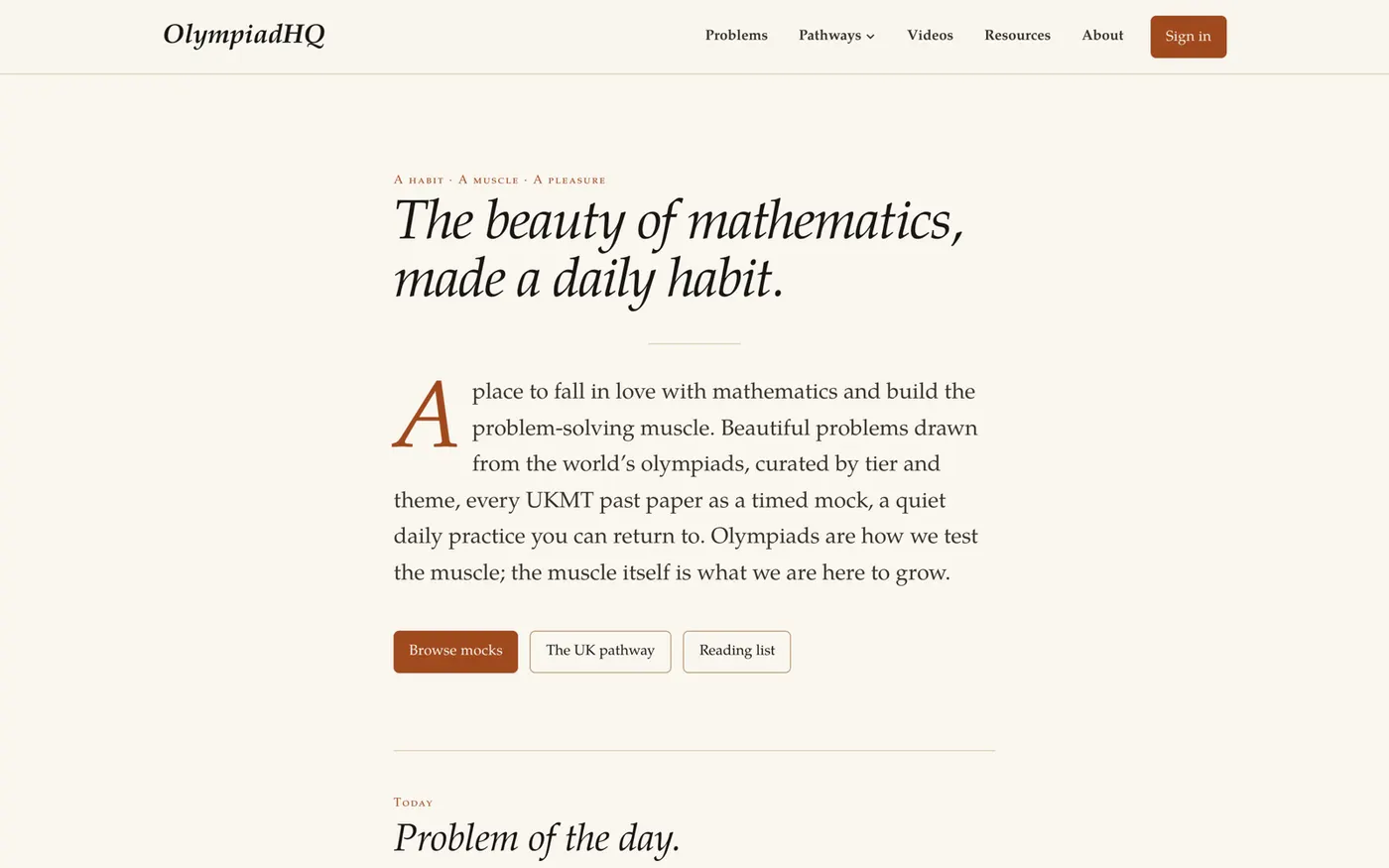 OlympiadHQ homepage: The beauty of mathematics, made a daily habit