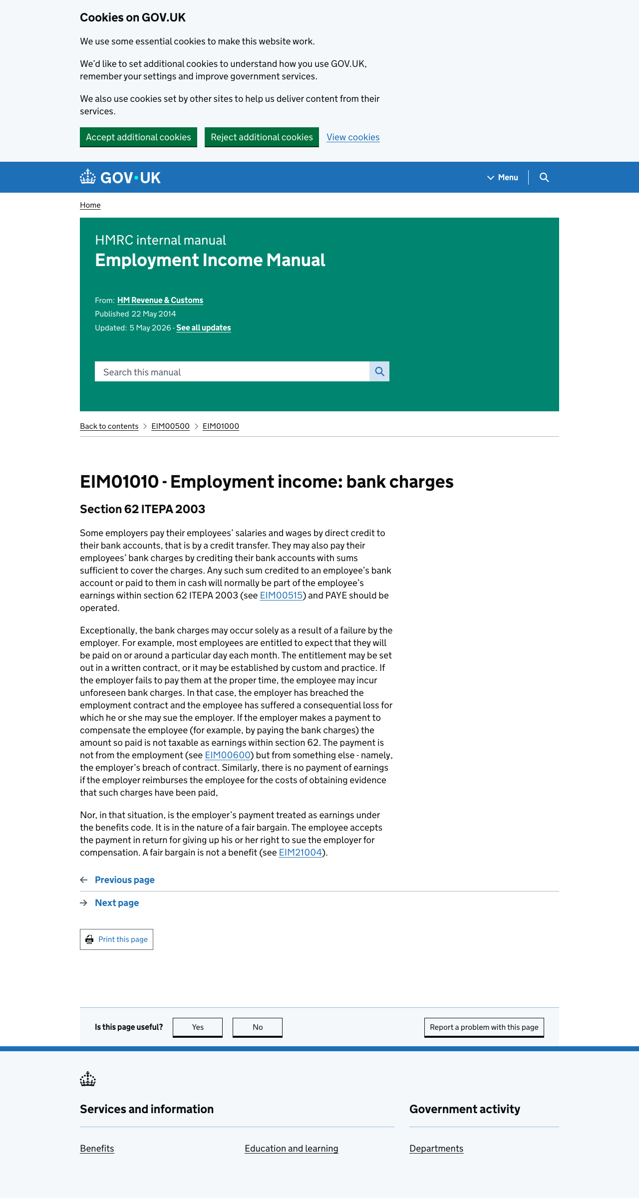 An HMRC Employment Income Manual page (EIM01010) showing the page heading, body text, and inline cross-references to other EIM pages.
