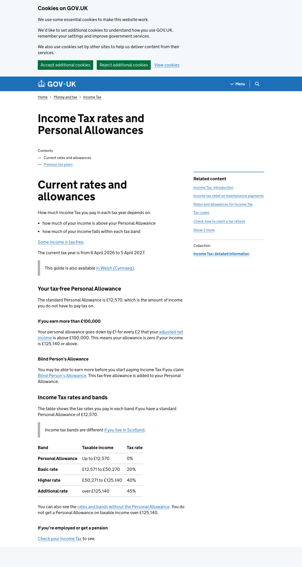 The gov.uk income-tax-rates page showing nested headings and the actual rates and bands table.
